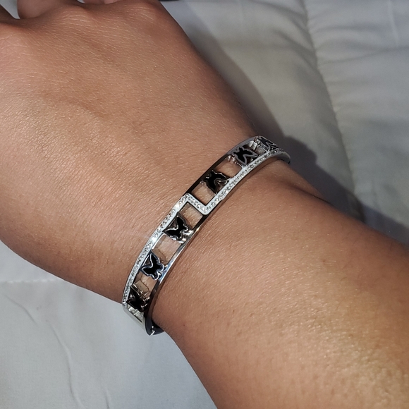 Jewelry - Black Butterfly Rhinestone Hinged Stainless Steel Bangle Silver